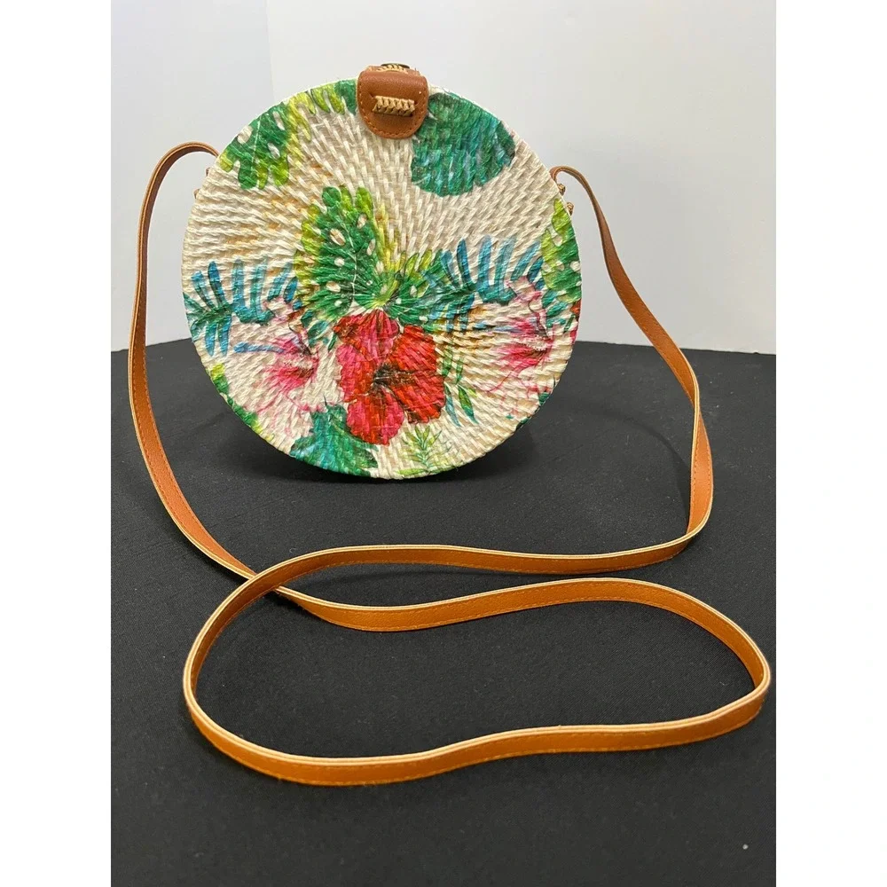 Tropical Floral Round Woven Rattan Crossbody Bag Hibiscus Monstera Straw Purse